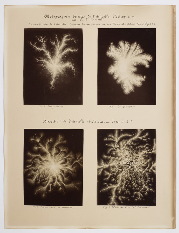 Photographies directes de l’étincelle électrique, par E. L. Trouvelot. Images directes de l’étincelle électrique données par une machine Wimshurst à plateaux d’ébonite : image positive [figure 1], image négative [figure 2].Dissection de l’étincelle électrique : commencement de dissection (figure 3), dissection à un état plus avancé (figure 4) (titre original)