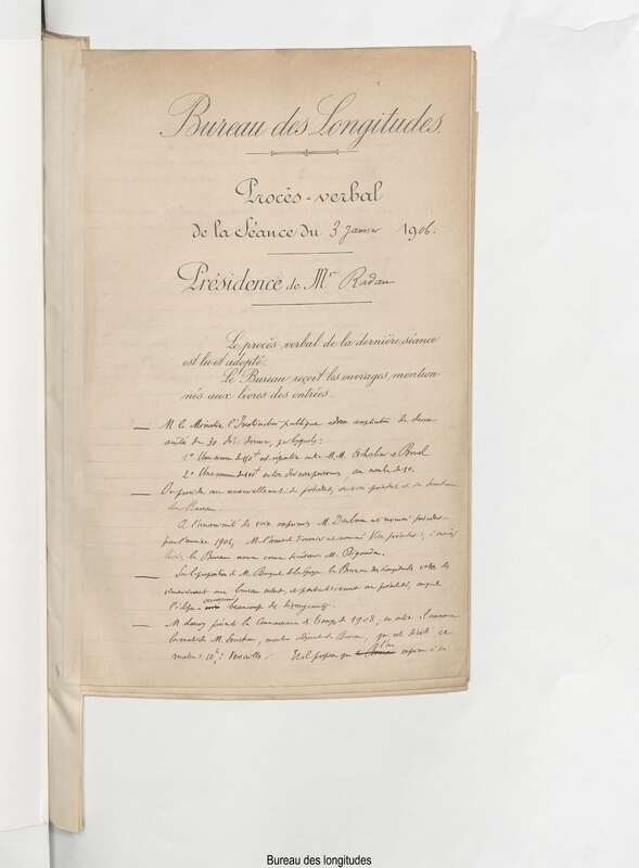 Registre des procès-verbaux avec annexes du Bureau des longitudes (1906-1909)