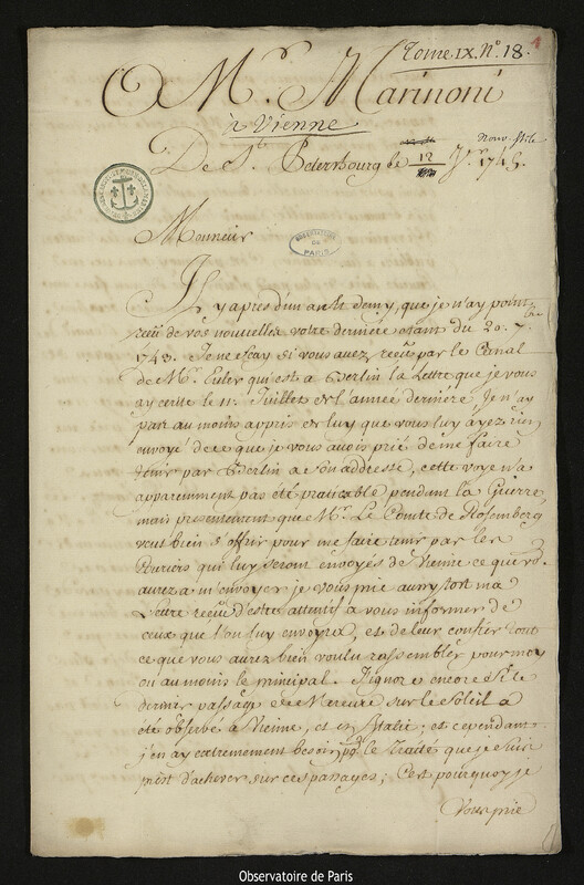 Lettre de Joseph-Nicolas Delisle à Giovanni Giacomo Marinoni, Saint-Pétersbourg, 12 janvier 1745