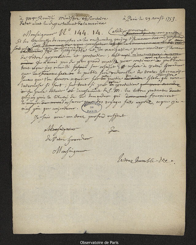 Lettre de Joseph-Nicolas Delisle à Antoine Louis Rouillé, Paris, 29 août 1753