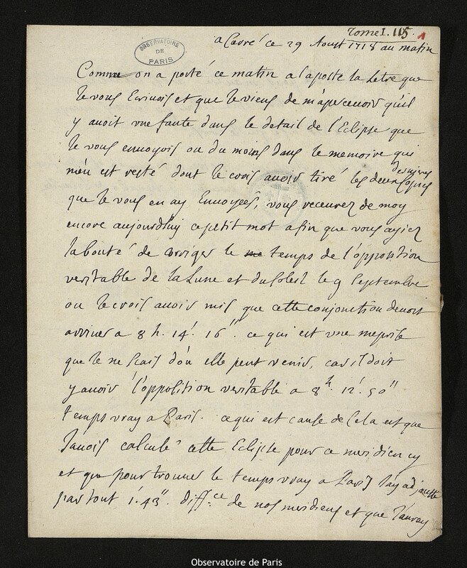 Lettre de Jacques d'Allonville de Louville à Joseph-Nicolas Delisle, Lieu-dit Le Clos du Petit Carré, 29 août 1718