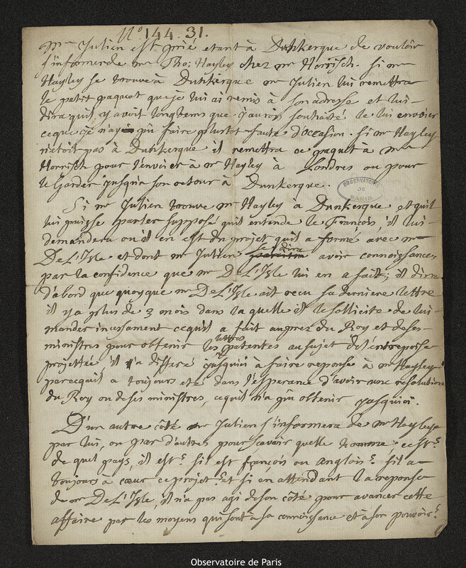 Lettre de Joseph-Nicolas Delisle à Roch-Joseph Julien, éditeur et marchand de cartes géographiques