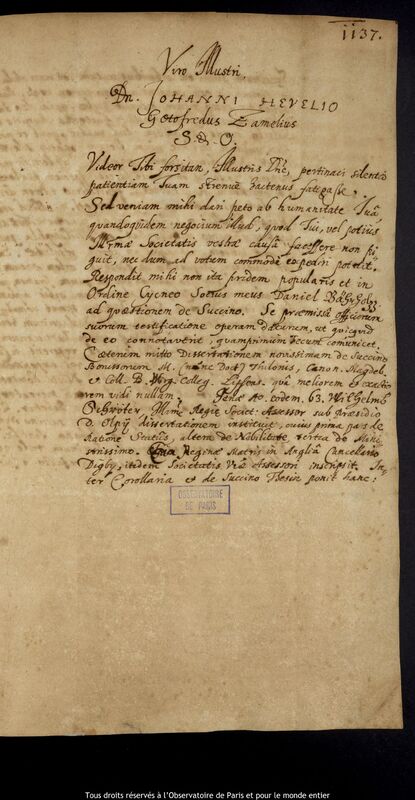 Lettre de Gottfried Zamel à Jan Heweliusz, Elblag, 1er mars - 30 mai 1666