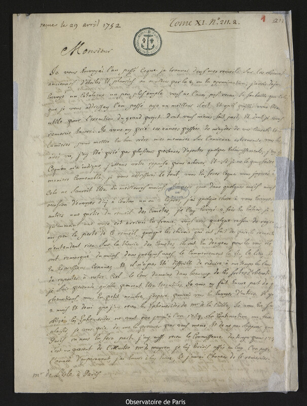 Lettre de Antoine Gaubil à Joseph-Nicolas Delisle, Pékin, 24 juin 1750