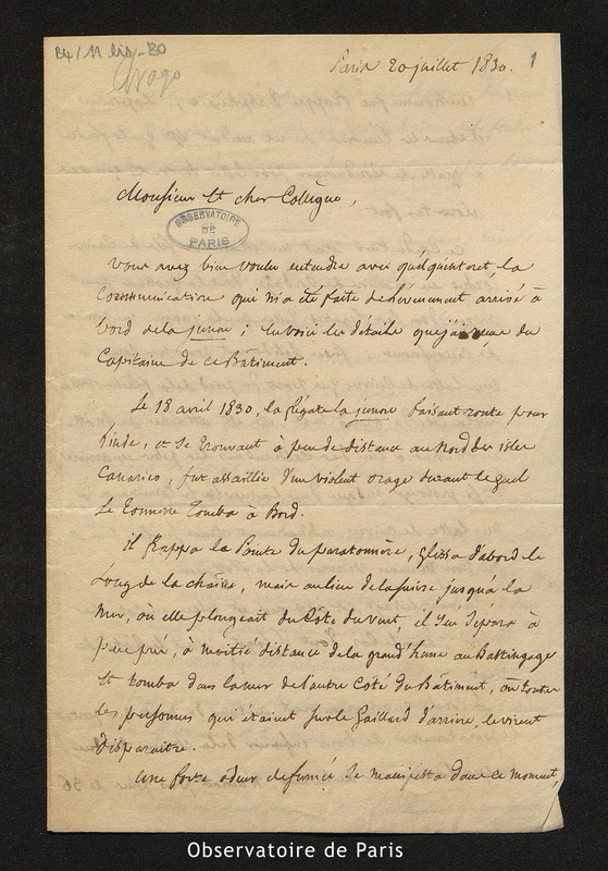 Lettre de Le baron Roussin à [Arago], Paris le 20 juillet 1830