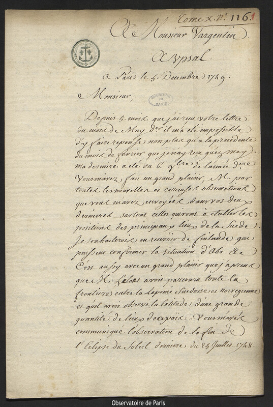 Lettre de Joseph-Nicolas Delisle à Pehr Wilhelm Wargentin, Paris, 5 décembre 1749