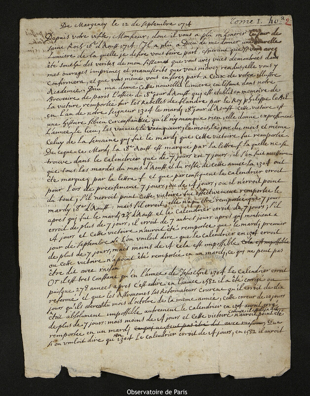 Lettres de Michel Touraine à Joseph-Nicolas Delisle, Margency, 12 septembre 1714