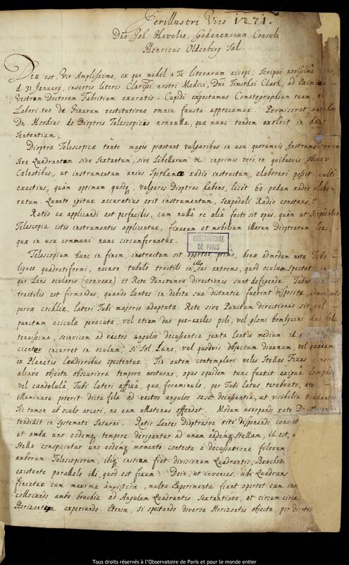 Lettre de Henry Oldenburg à Jan Heweliusz, Londres, 11 mai 1668