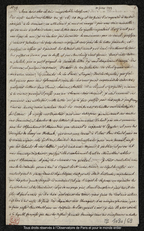 Lettre du baron Franz Xaver von Zach à Joseph Jérôme Le françois de Lalande [Gotha], 10 juillet 1799