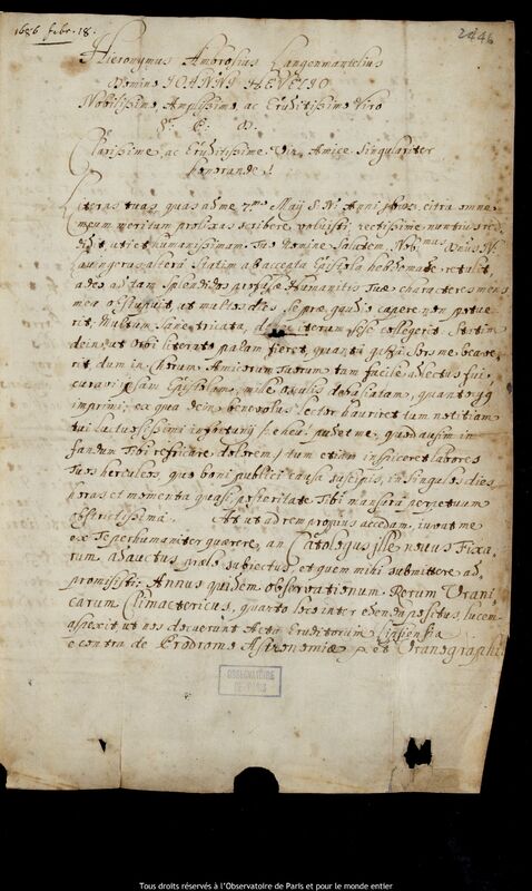 Lettre de Hieronymus Ambrosius Langenmantel à Jan Heweliusz, Augsbourg, 18 février 1686