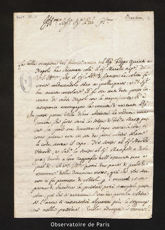 Lettre de Francesco Bianchini à Cassini [I ?], Rome le 25 avril 1702