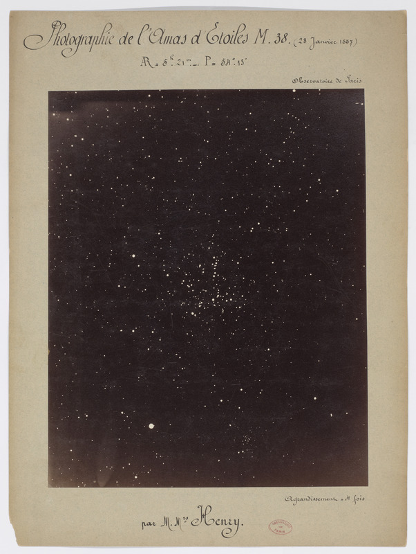 Photographie de l’amas d’étoiles M38 [28 janvier 1887] par MM. Henry. AD = 5h 21m, P = 54° 13’. Agrandissement 4 fois (titre original) / [2 images]