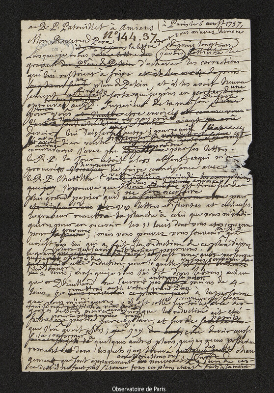 Lettre de Joseph-Nicolas Delisle à Louis Patouillet, Paris, 6 août 1757