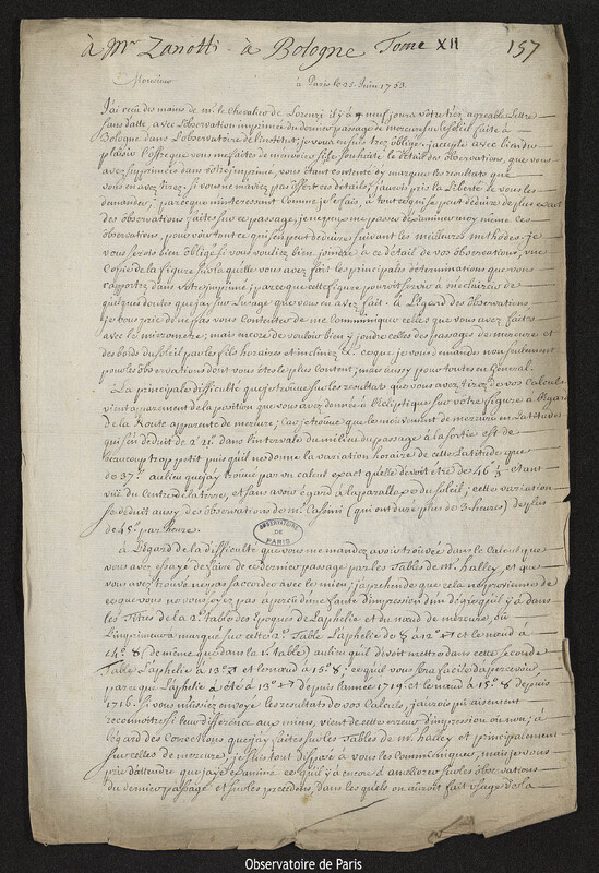 Lettre de Joseph-Nicolas Delisle à Eustachio Zanotti, Paris, 25 juin 1753