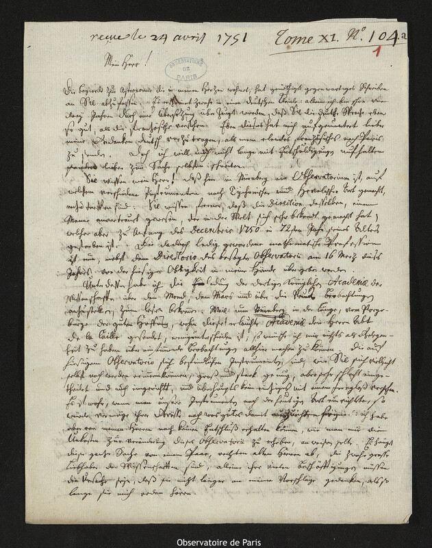 Lettre de Georg Moritz Lowitz à Joseph-Nicolas Delisle, Nuremberg, 16 avril 1751