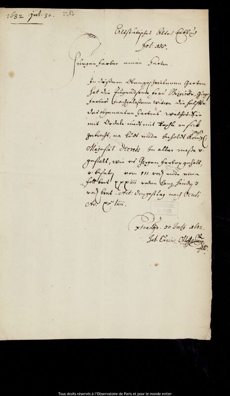 Texte manuscrit de Johann Erich Olhoff à Jan Heweliusz, Gdansk, 30 juillet 1682