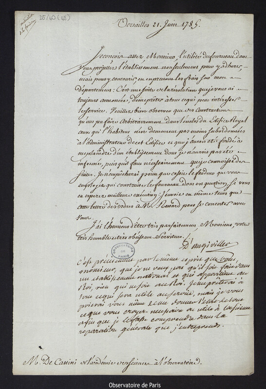 Lettre du comte d'Angiviller à Cassini IV, à Versailles en 21 juin 1785