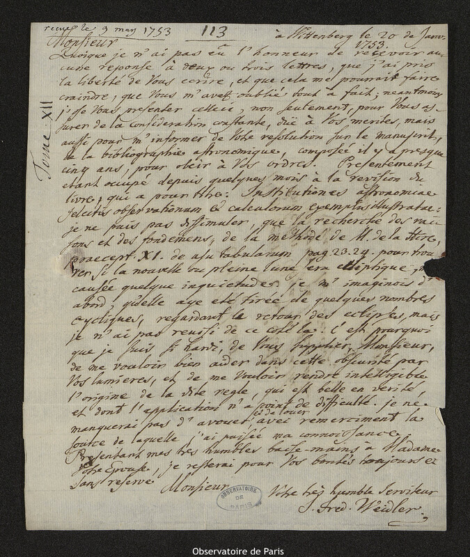 Lettre de Johann Friedrich Weidler à Joseph-Nicolas Delisle, Wittenberg, 20 janvier 1753