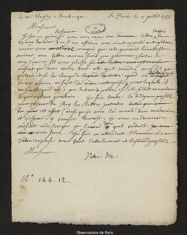 Lettre de Joseph-Nicolas Delisle à Thomas Hayley,Paris, 2 juillet 1753