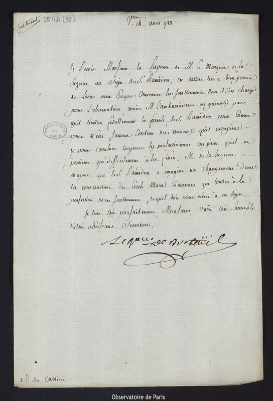 Lettre de Louis Le Tonnelier, baron de Breteuil, à Cassini IV, directeur de l'Observatoire, le 24 avril 1788