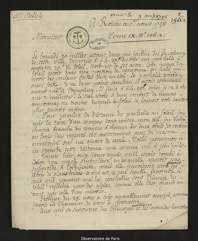 Lettre de Claude-Nicolas Le Cat à Joseph-Nicolas Delisle, Rouen, 1 août 1748