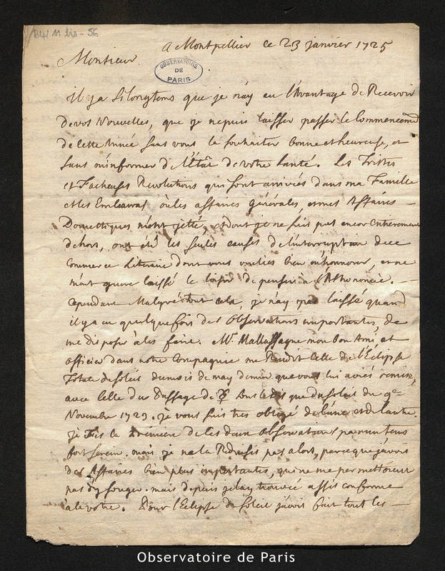 Lettre de Plantade à Maraldi, Montpellier le 23 janvier 1725