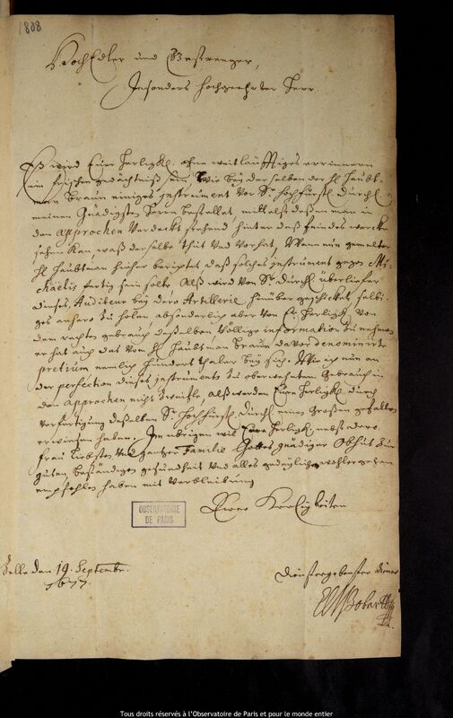 Lettre d'E. M. Bobbart à Jan Heweliusz, Celle, 19 septembre 1677