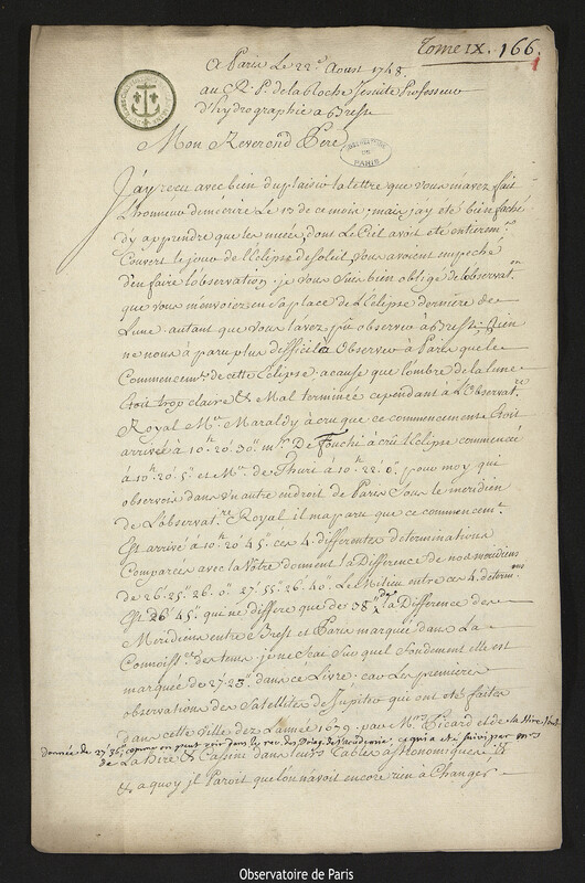 Lettre de Joseph-Nicolas Delisle à Père La Roche, professeur d'hydrographie, Paris, 22 août 1748