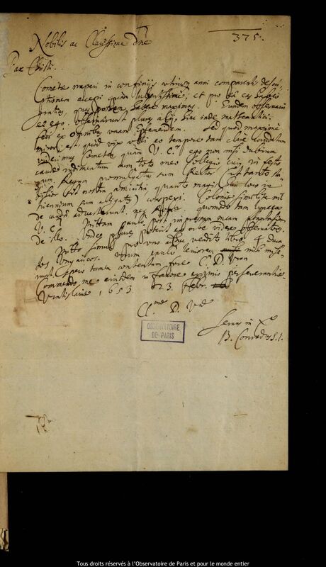 Lettre de Balthasar Conrad à Jan Heweliusz, Wroclaw, 23 février 1653