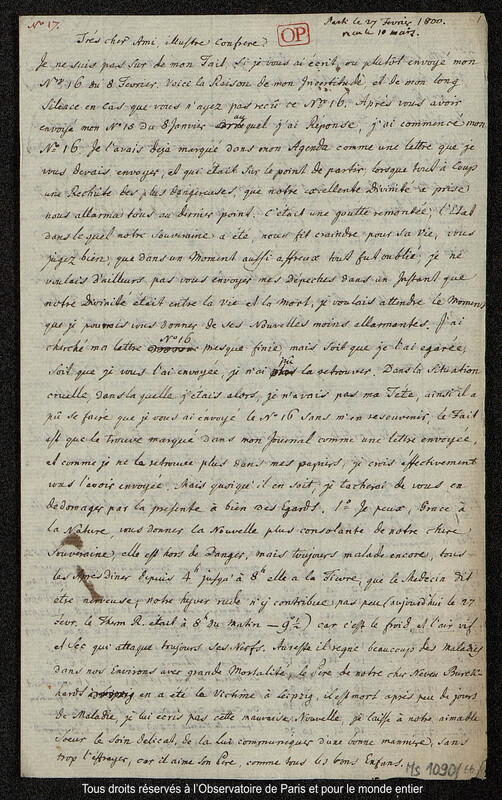 Lettre du baron Franz Xaver von Zach à Joseph Jérôme Le françois de Lalande [Gotha], 27 février 1800