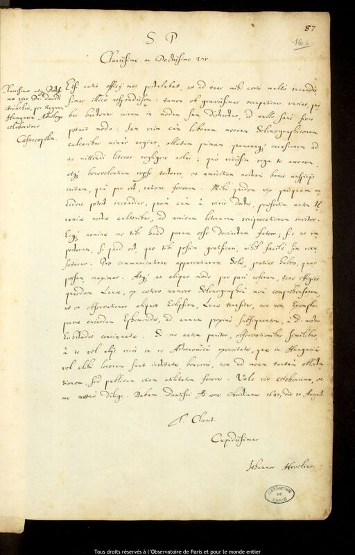 Lettre de Jan Heweliusz à David Frölich, Gdansk, 10 août 1647