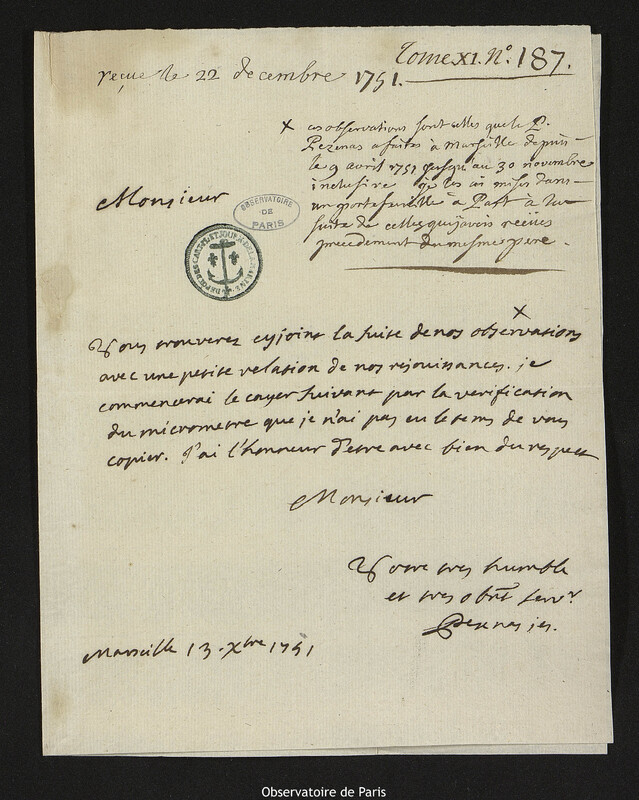 Lettre de Esprit Pezenas à Joseph-Nicolas Delisle, Marseille, 13 décembre 1751