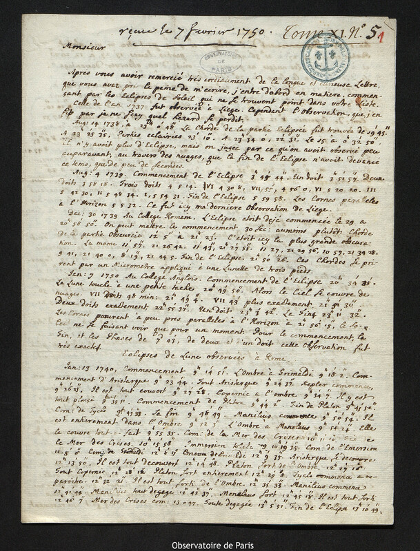 Lettre de Christopher Maire à Joseph-Nicolas Delisle, Rome, 21 janvier 1750