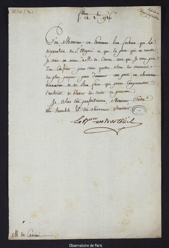 Lettre de Louis Le Tonnelier, baron de Breteuil, à Cassini IV, directeur de l'Observatoire, le 14 octobre 1786