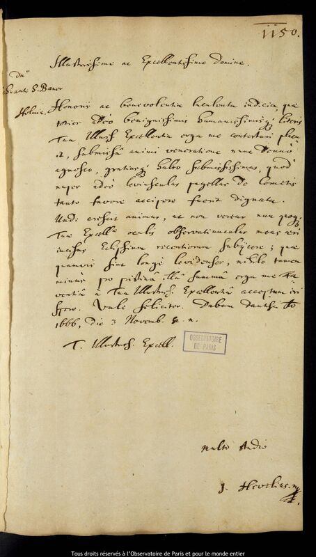 Lettre de Jan Heweliusz à Svante Svantesson Banér, Gdansk, 3 novembre 1666