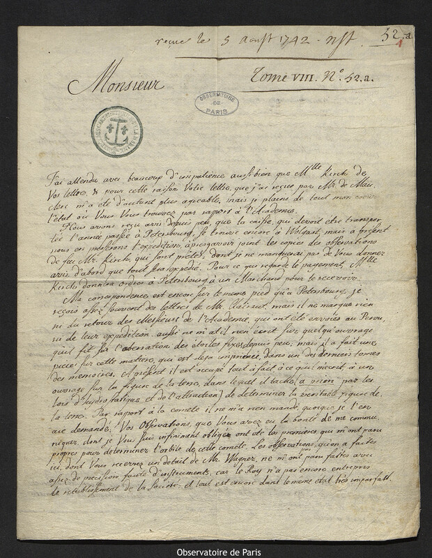 Lettre de Leonhard Euler à Joseph-Nicolas Delisle, Berlin, 21 juillet 1742