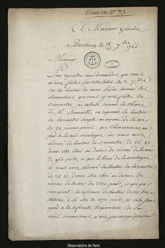 Lettre de Joseph-Nicolas Delisle à Johann Georg Gmelin, Saint-Pétersbourg, 25 septembre 1746