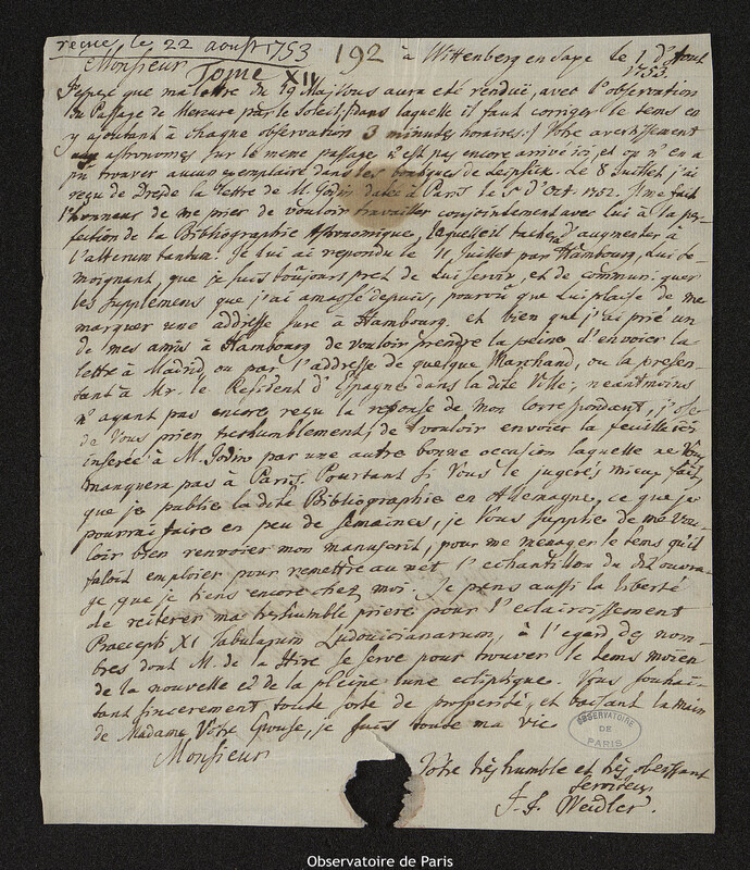 Lettre de Johann Friedrich Weidler à Joseph-Nicolas Delisle, Wittenberg, 1 août 1753