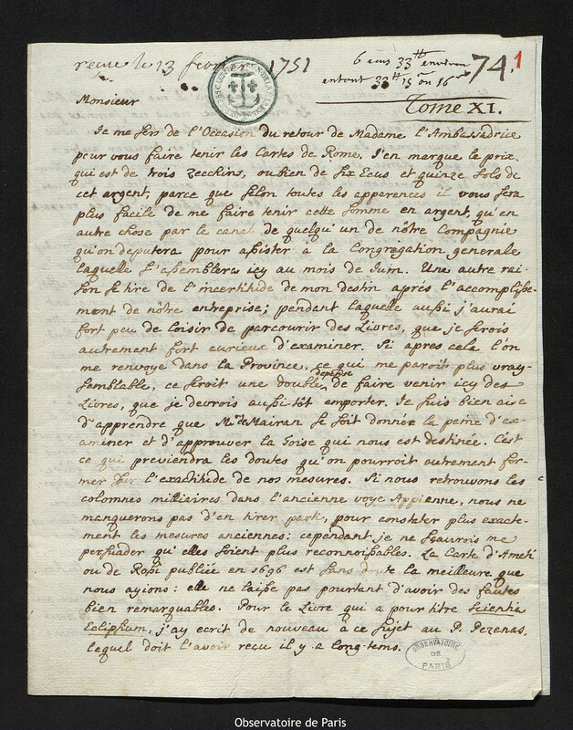 Lettre de Christopher Maire à Joseph-Nicolas Delisle, Rome, 27 janvier 1751