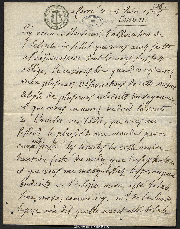 Lettre de Jacques d'Allonville de Louville à Joseph-Nicolas Delisle, Lieu-dit Le Clos du Petit Carré, 4 juin 1724