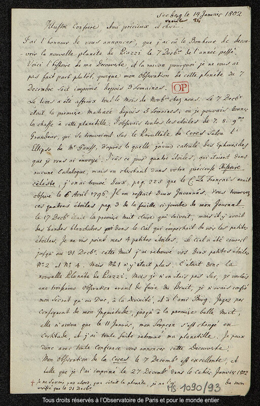 Lettre du baron Franz Xaver von Zach à Joseph Jérôme Le françois de Lalande Seeberg, 14 janvier 1802