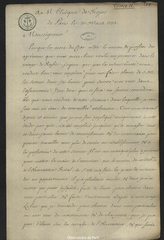 Lettre de Joseph-Nicolas Delisle à l'Evêque de Fréjus, Paris, 20 mars 1725