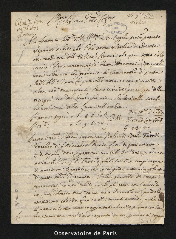 Lettre de Vincenzo Viviani à Cassini I, Florence le 26 septembre 1671