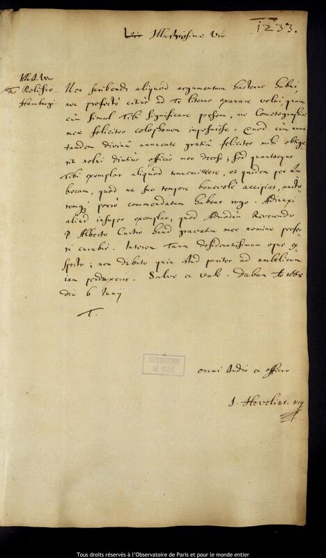 Lettre de Jan Heweliusz à Stanislaw Lubieniecki, Gdansk, 6 juin 1668