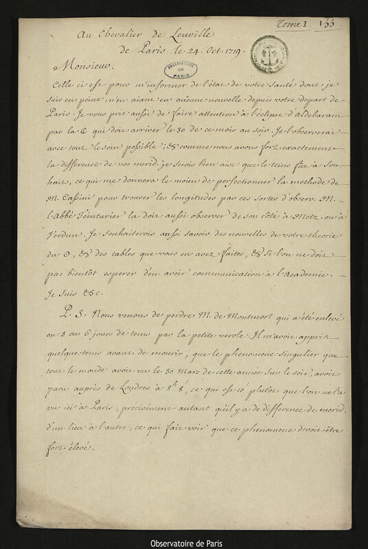 Lettre de Joseph-Nicolas Delisle à Jacques d'Allonville de Louville, Paris, 24 octobre 1719