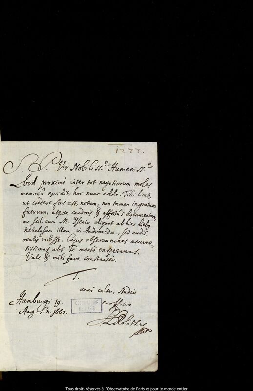 Lettre de Stanislaw Lubieniecki à Jan Heweliusz, Hambourg, 19 août 1667