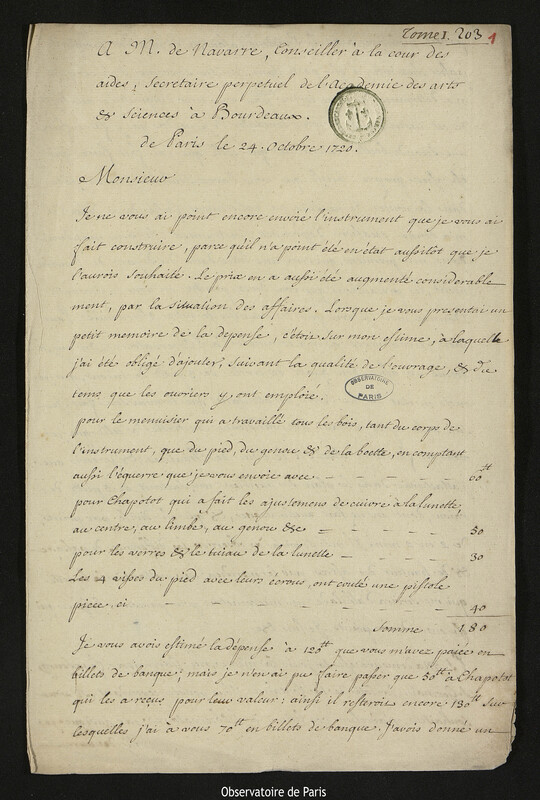 Lettre de Joseph-Nicolas Delisle à Joseph de Navarre, Paris, 24 octobre 1720