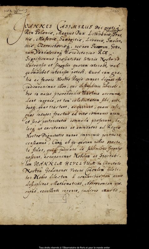 Texte manuscrit de Stefan Kazimierz Hankiewicz, Varsovie, 3 février 1662