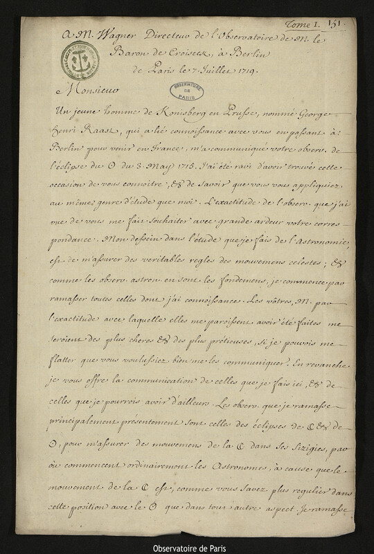 Lettre de Joseph-Nicolas Delisle à Johann Wilhelm Wagner, Paris, 7 juillet 1719