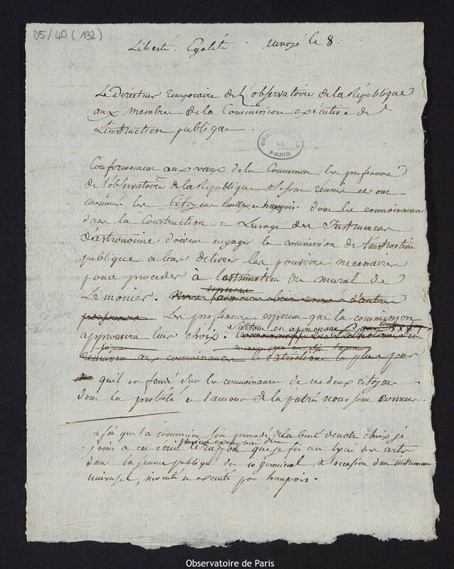 Lettre de M. Perny de Villeneuve, directeur temporaire de l'Observatoire de la République aux membres de la Commission exécutive de l'Instruction publique, le 26 juillet 1794